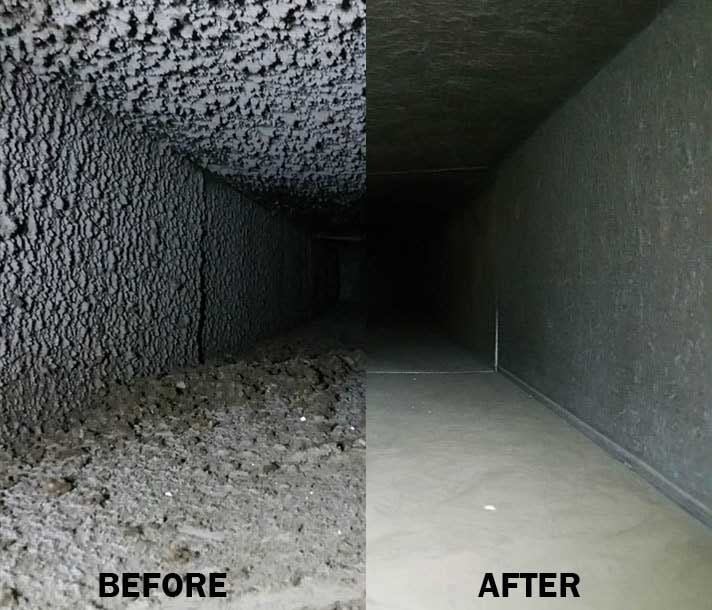 Before and after comparison of an air duct coated in dust and the same duct cleaned