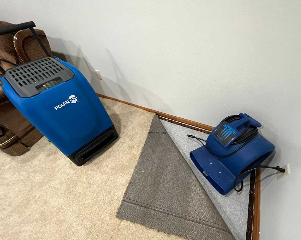 Dehumidifier and air mover drying wet carpet and pad after water damage