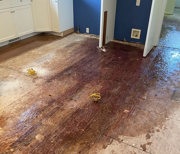 Water-stained subfloor in a kitchen and laundry area after wet flooring was removed
